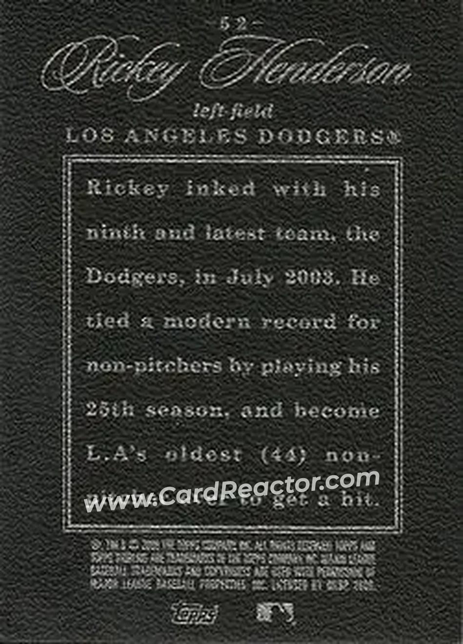 2006 Topps Sterling #52 - Rickey Henderson - Los Angeles Dodgers - Back