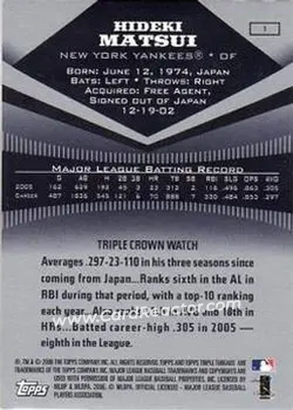 2006 Topps Triple Threads #1 - Hideki Matsui - New York Yankees - Back 2006 Topps Triple Threads #1 - Hideki Matsui - New York Yankees - Back