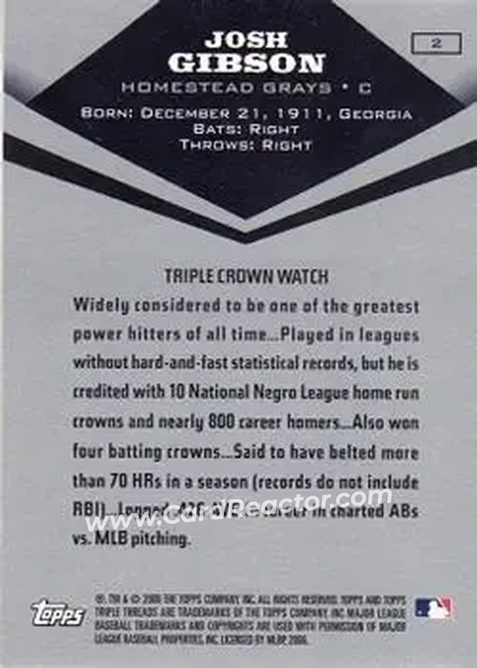2006 Topps Triple Threads #2 - Josh Gibson - Homestead Grays - Back