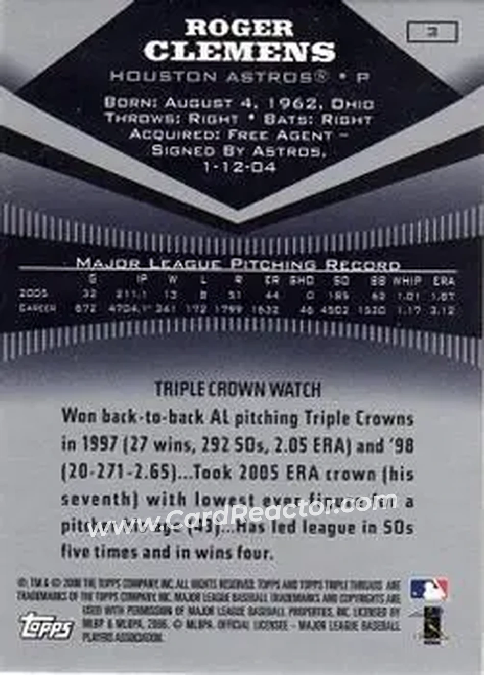 2006 Topps Triple Threads #3 - Roger Clemens - Houston Astros - Back 2006 Topps Triple Threads #3 - Roger Clemens - Houston Astros - Back
