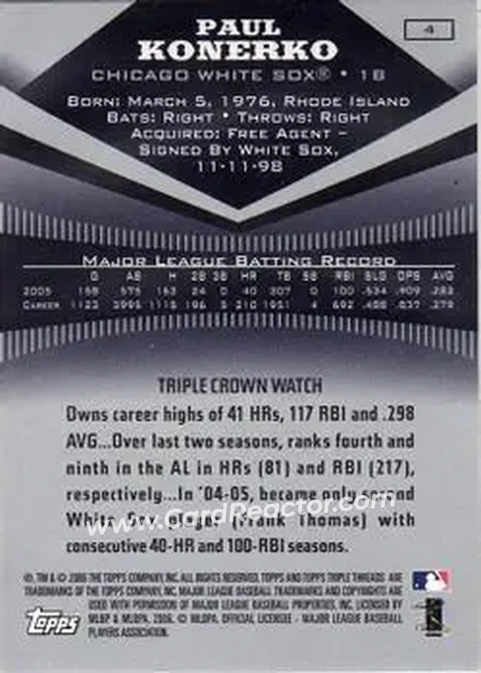 2006 Topps Triple Threads #4 - Paul Konerko - Chicago White Sox - Back