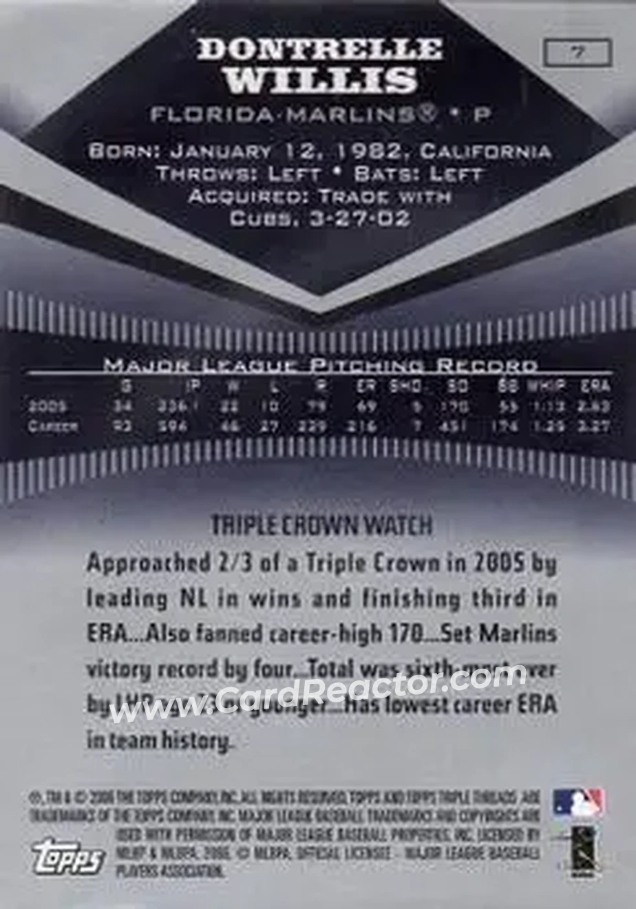 2006 Topps Triple Threads #7 - Dontrelle Willis - Florida Marlins - Back 2006 Topps Triple Threads #7 - Dontrelle Willis - Florida Marlins - Back