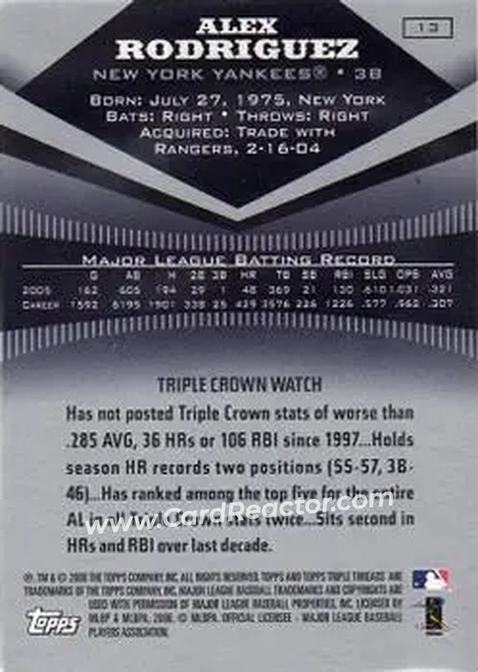 2006 Topps Triple Threads #13 - Alex Rodriguez - New York Yankees - Back 2006 Topps Triple Threads #13 - Alex Rodriguez - New York Yankees - Back