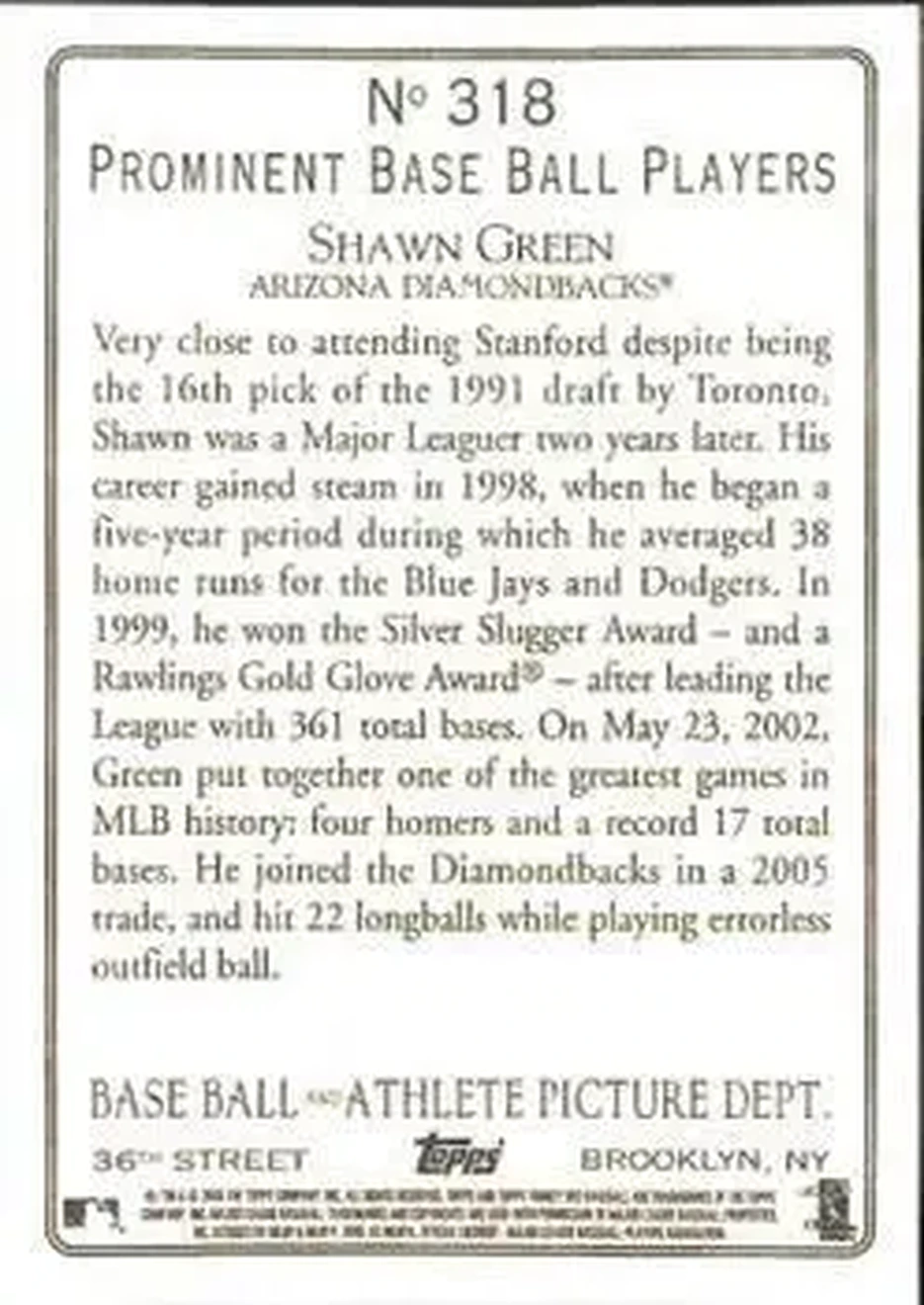 2006 Topps Turkey Red #318 - Shawn Green - Arizona Diamondbacks - Back 2006 Topps Turkey Red #318 - Shawn Green - Arizona Diamondbacks - Back