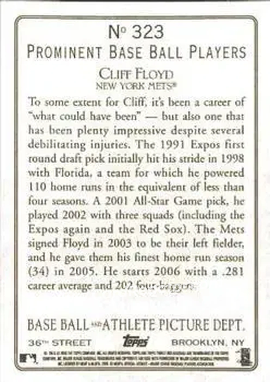 2006 Topps Turkey Red #323 - Cliff Floyd - New York Mets - Back