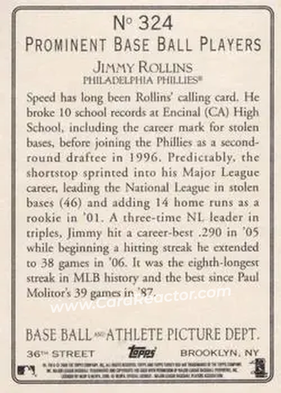 2006 Topps Turkey Red #324 - Jimmy Rollins - Philadelphia Phillies - Back