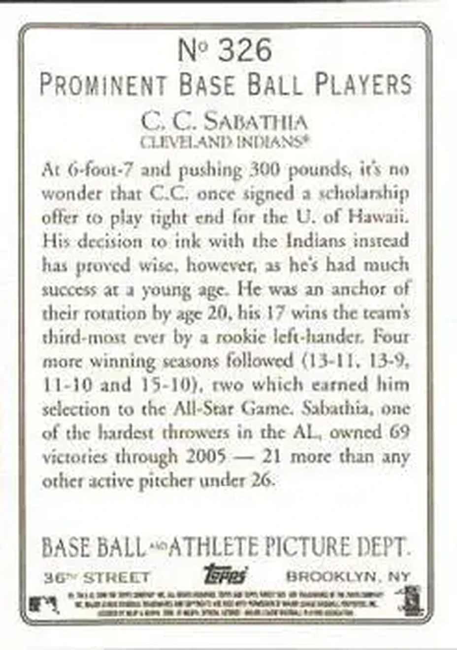 2006 Topps Turkey Red #326 - CC Sabathia - Cleveland Indians - Back 2006 Topps Turkey Red #326 - CC Sabathia - Cleveland Indians - Back