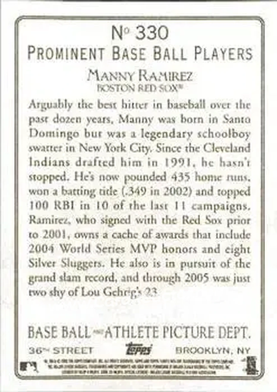 2006 Topps Turkey Red #330 - Manny Ramirez - Boston Red Sox - Back 2006 Topps Turkey Red #330 - Manny Ramirez - Boston Red Sox - Back