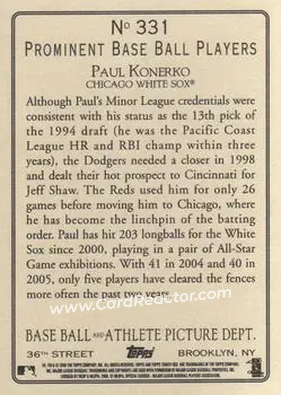 2006 Topps Turkey Red #331 - Paul Konerko - Chicago White Sox - Back