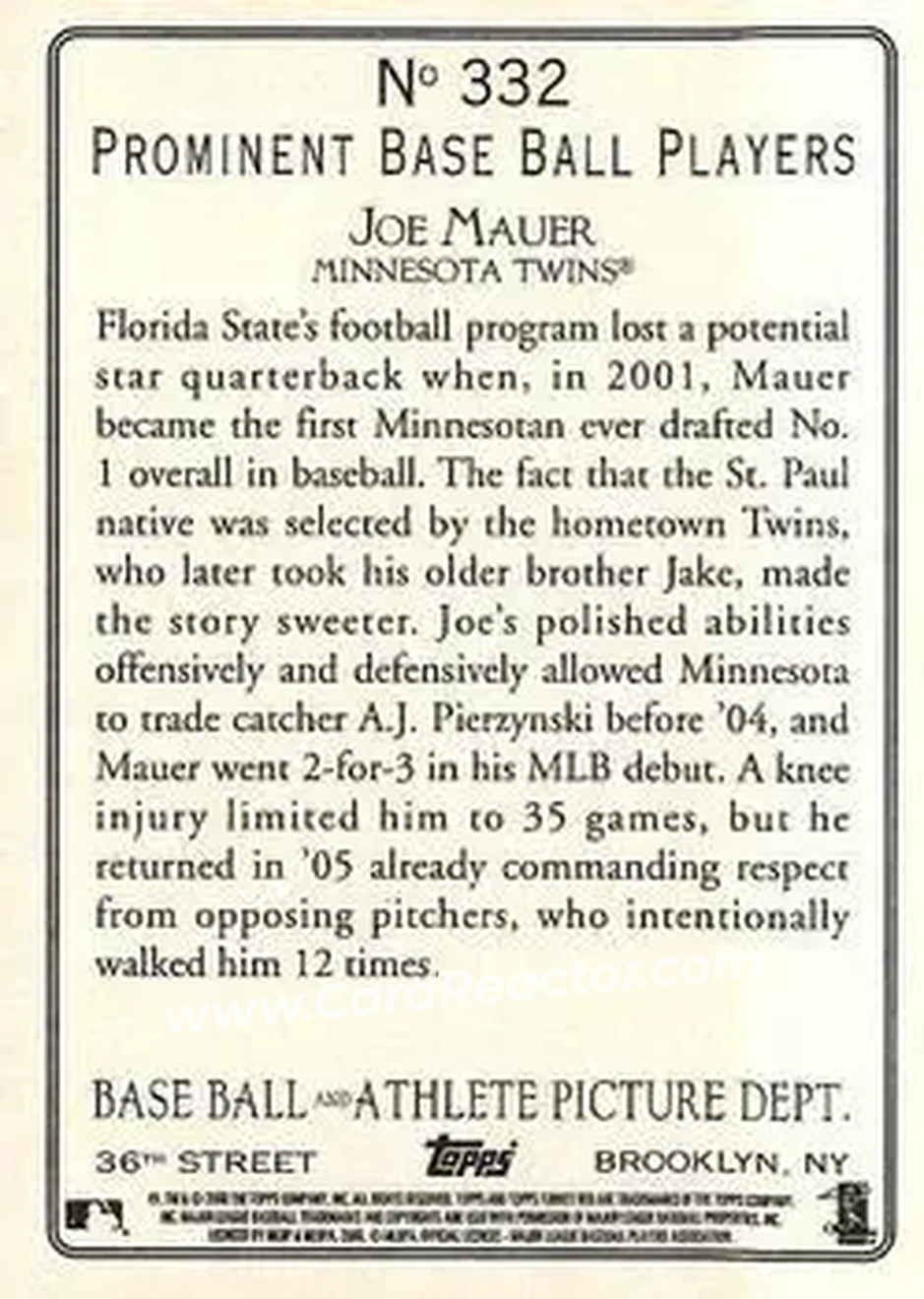 2006 Topps Turkey Red #332 - Joe Mauer - Minnesota Twins - Back 2006 Topps Turkey Red #332 - Joe Mauer - Minnesota Twins - Back
