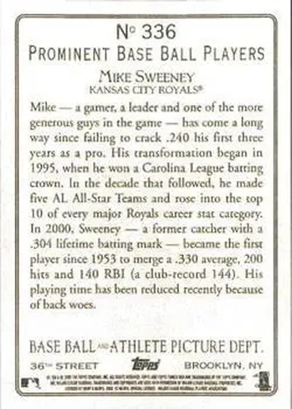2006 Topps Turkey Red #336 - Mike Sweeney - Kansas City Royals - Back 2006 Topps Turkey Red #336 - Mike Sweeney - Kansas City Royals - Back