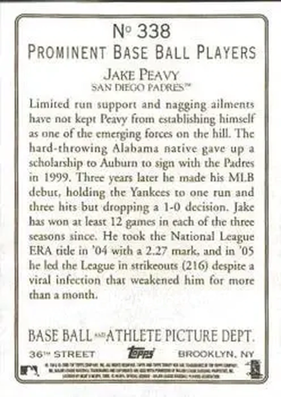 2006 Topps Turkey Red #338 - Jake Peavy - San Diego Padres - Back 2006 Topps Turkey Red #338 - Jake Peavy - San Diego Padres - Back