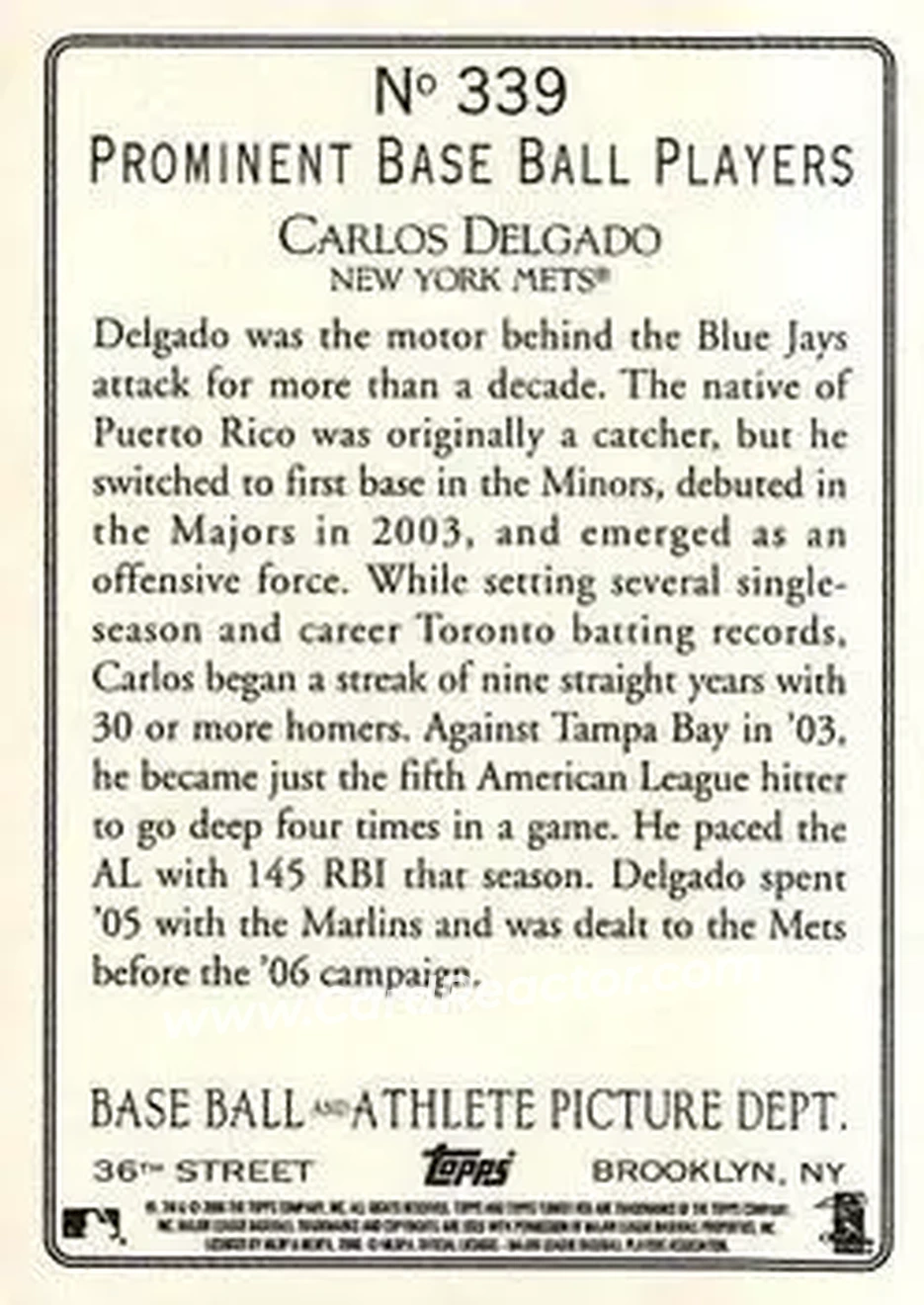 2006 Topps Turkey Red #339 - Carlos Delgado - New York Mets - Back 2006 Topps Turkey Red #339 - Carlos Delgado - New York Mets - Back