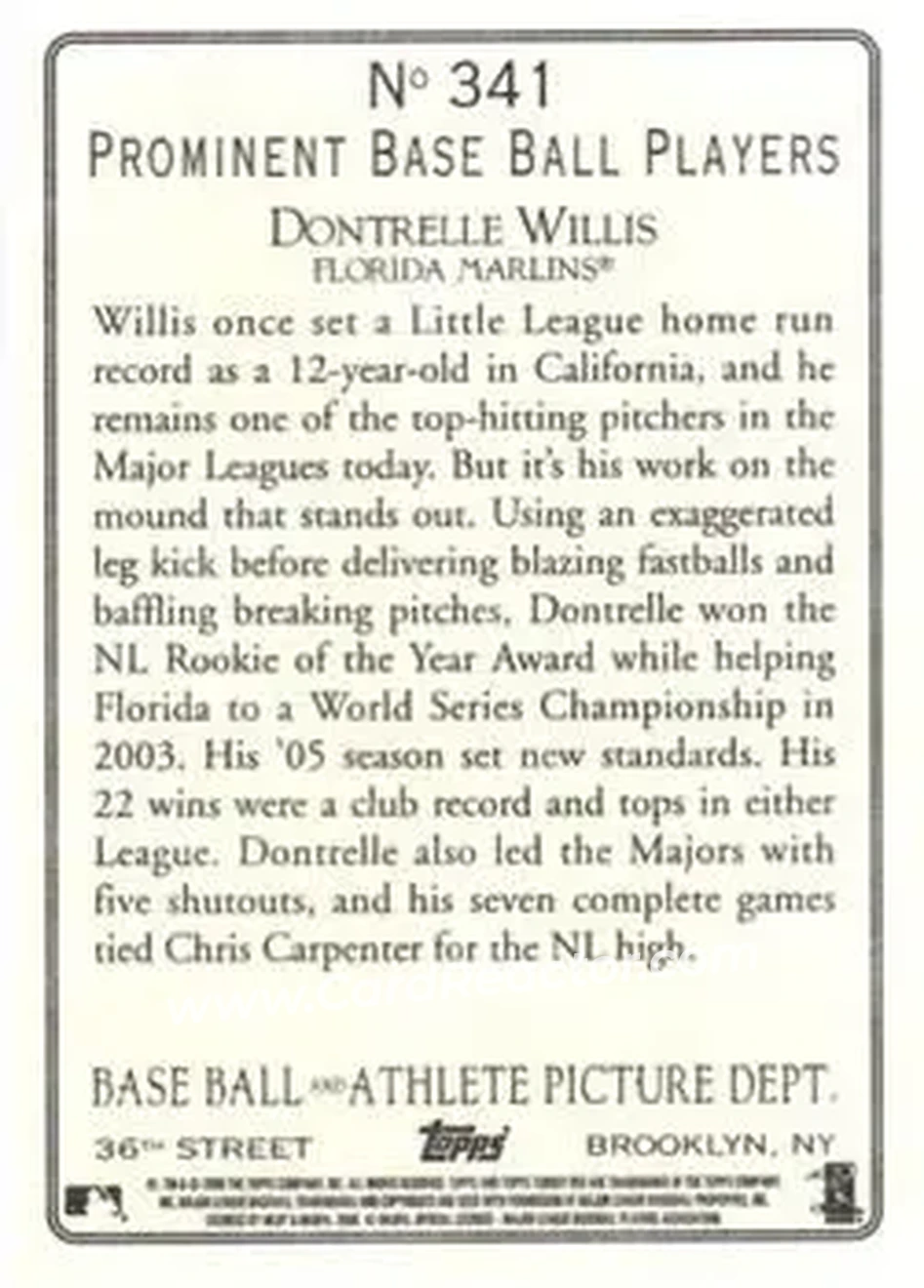 2006 Topps Turkey Red #341 - Dontrelle Willis - Florida Marlins - Back