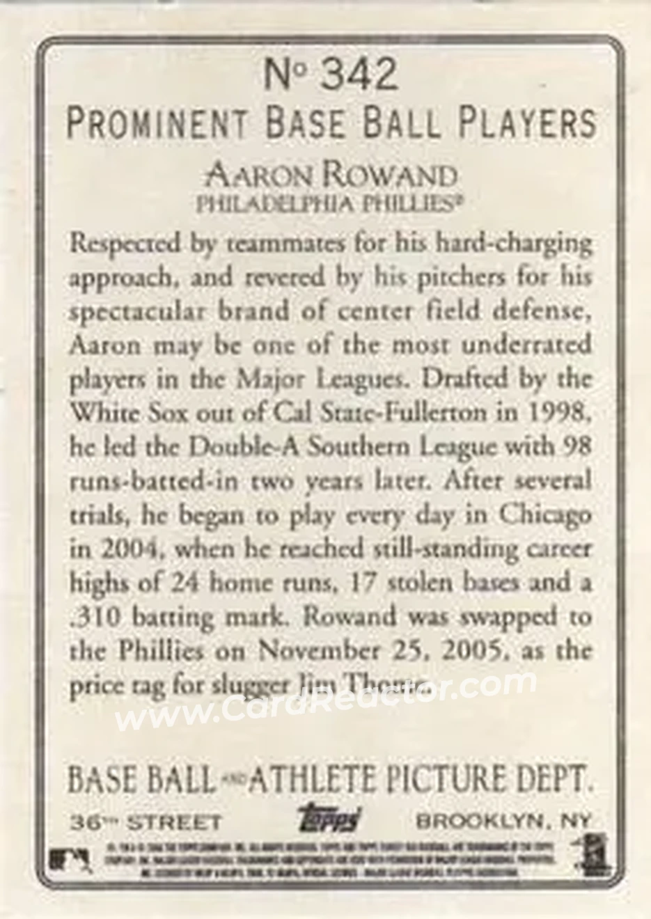 2006 Topps Turkey Red #342 - Aaron Rowand - Philadelphia Phillies - Back 2006 Topps Turkey Red #342 - Aaron Rowand - Philadelphia Phillies - Back