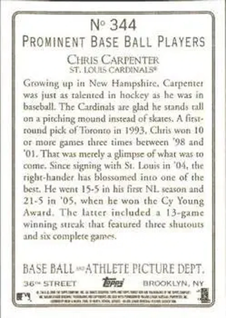 2006 Topps Turkey Red #344 - Chris Carpenter - St. Louis Cardinals - Back 2006 Topps Turkey Red #344 - Chris Carpenter - St. Louis Cardinals - Back