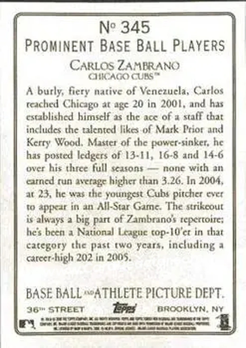 2006 Topps Turkey Red #345 - Carlos Zambrano - Chicago Cubs - Back