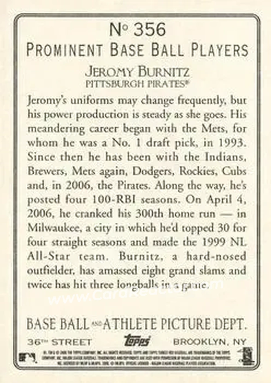 2006 Topps Turkey Red #356 - Jeromy Burnitz - Pittsburgh Pirates - Back 2006 Topps Turkey Red #356 - Jeromy Burnitz - Pittsburgh Pirates - Back