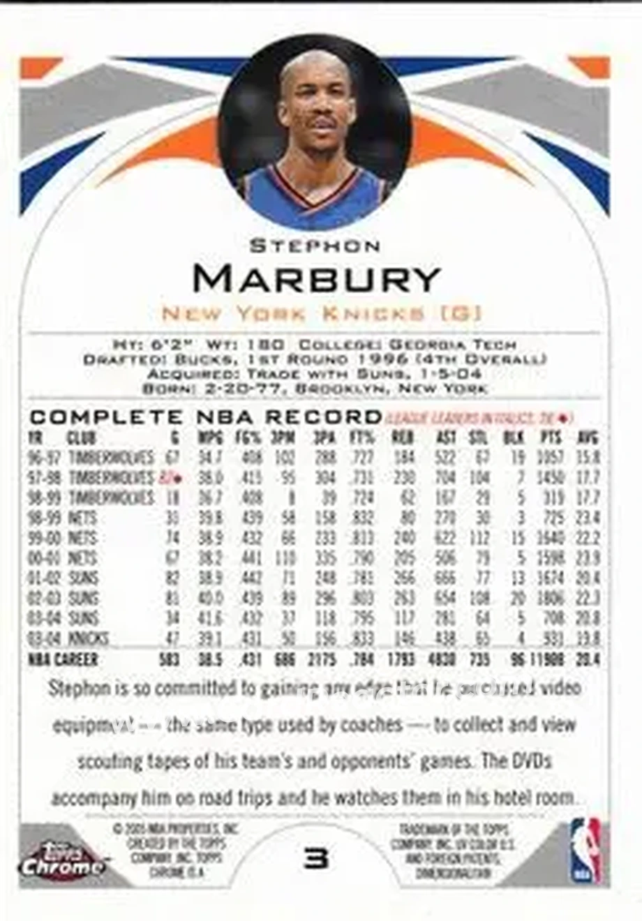 2004-05 Topps Chrome #3 - Stephon Marbury - New York Knicks - Back