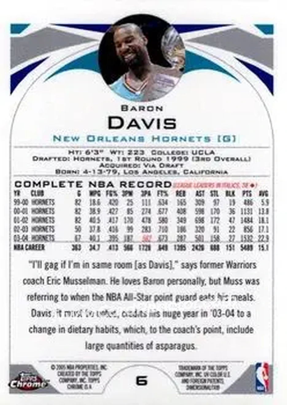 2004-05 Topps Chrome #6 - Baron Davis - New Orleans Hornets - Back