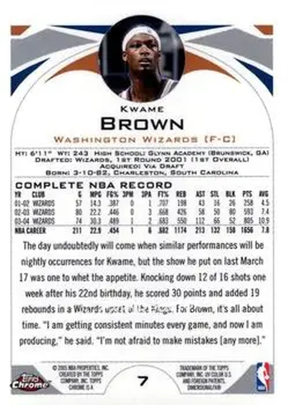 2004-05 Topps Chrome #7 - Kwame Brown - Washington Wizards - Back