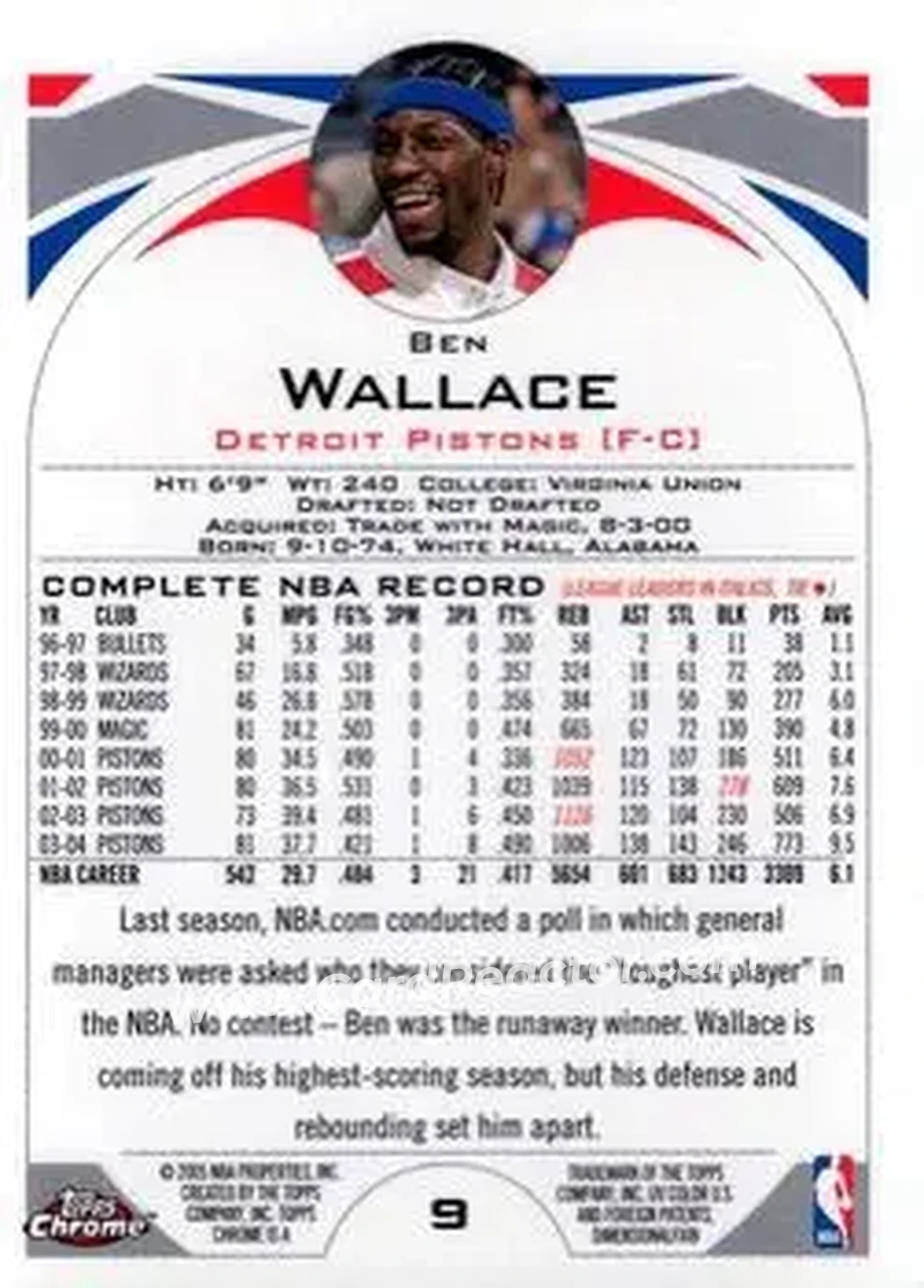 2004-05 Topps Chrome #9 - Ben Wallace - Detroit Pistons - Back