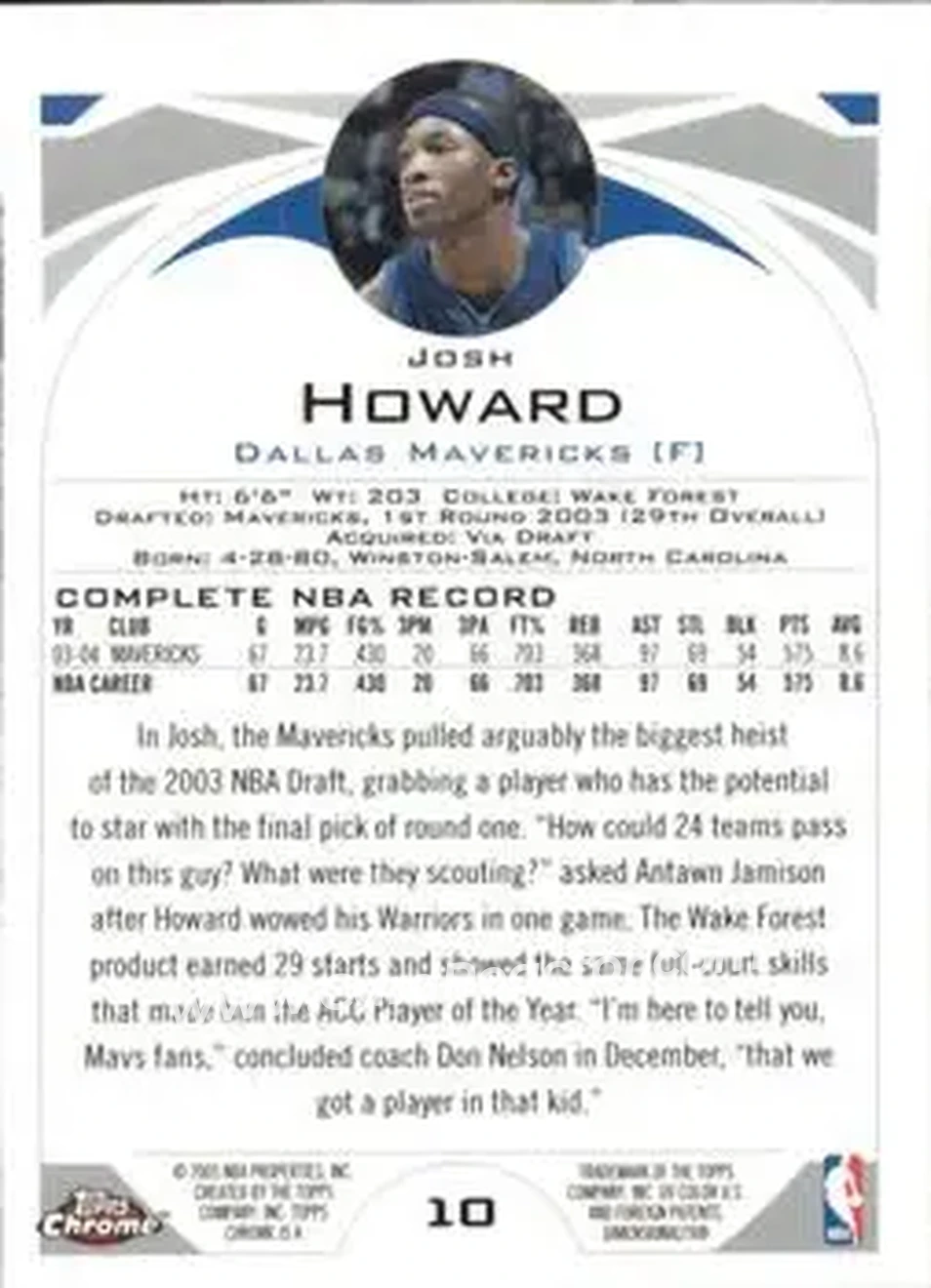 2004-05 Topps Chrome #10 - Josh Howard - Dallas Mavericks - Back
