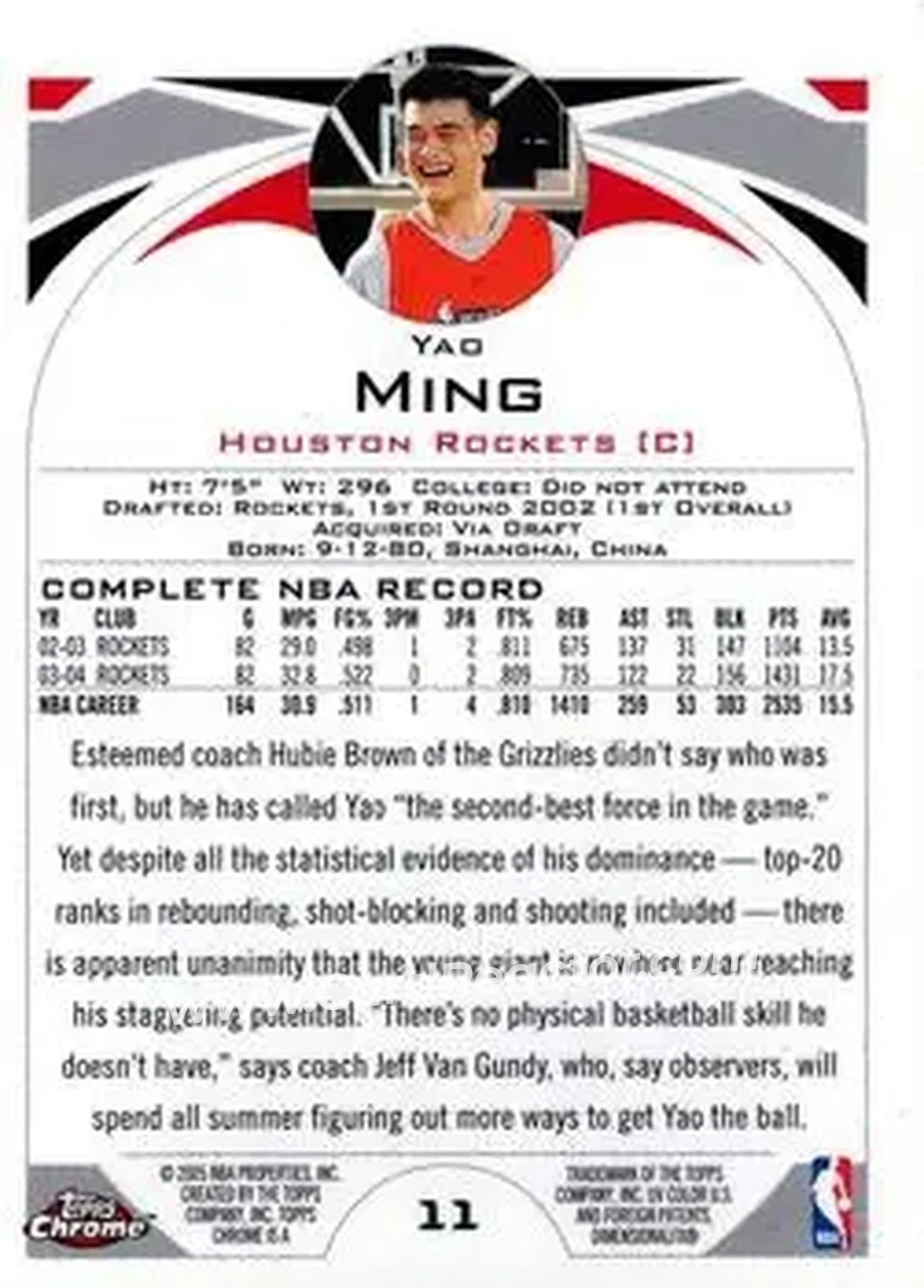 2004-05 Topps Chrome #11 - Yao Ming - Houston Rockets - Back