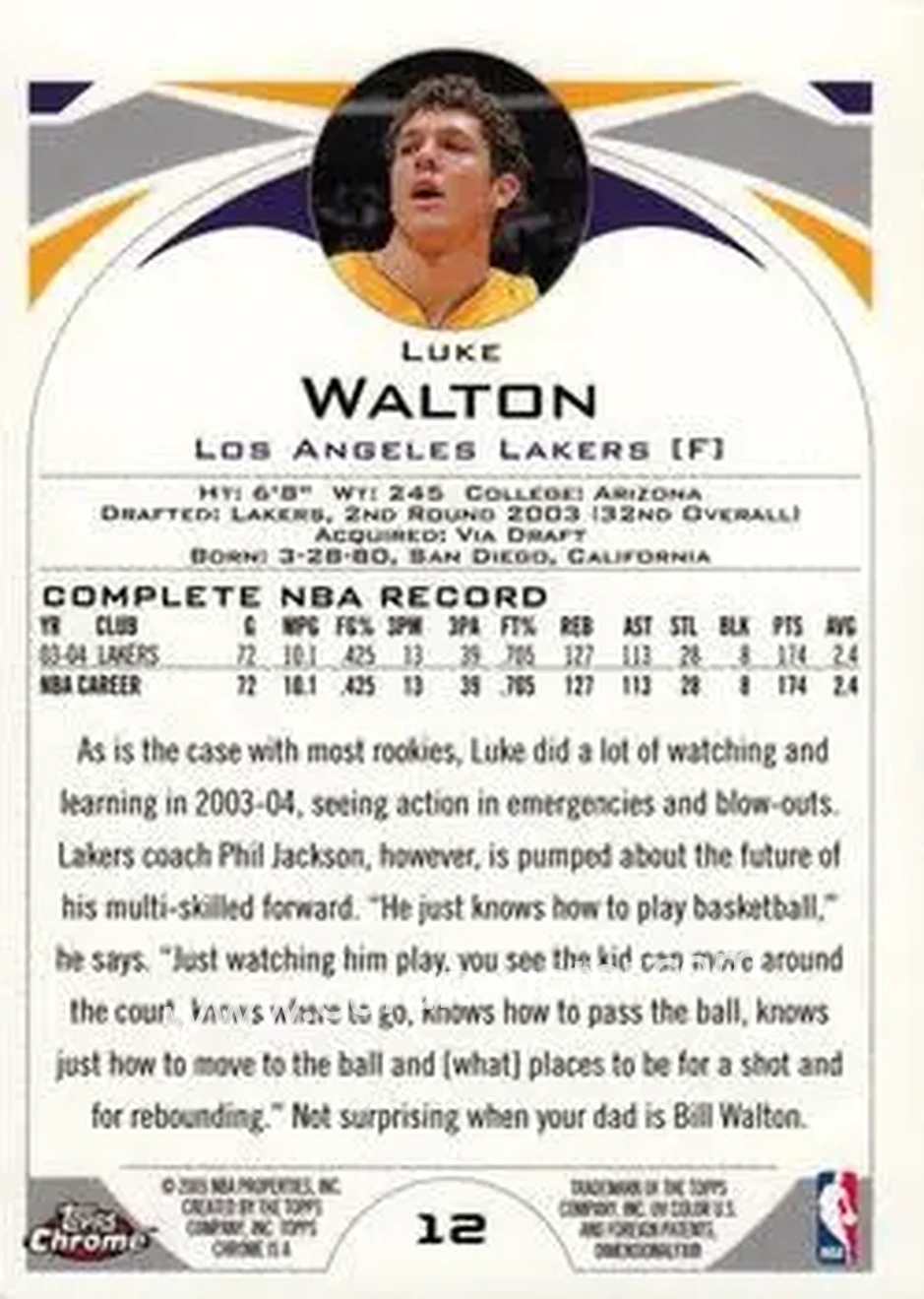 2004-05 Topps Chrome #12 - Luke Walton - Los Angeles Lakers - Back