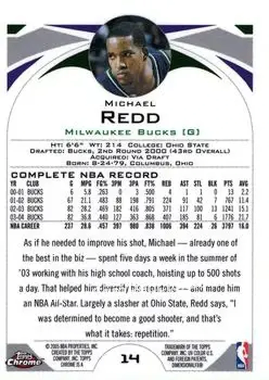 2004-05 Topps Chrome #14 - Michael Redd - Milwaukee Bucks - Back