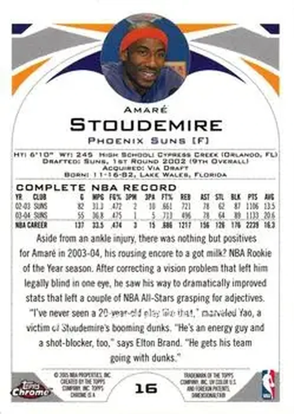 2004-05 Topps Chrome #16 - Amar'e Stoudemire - Phoenix Suns - Back