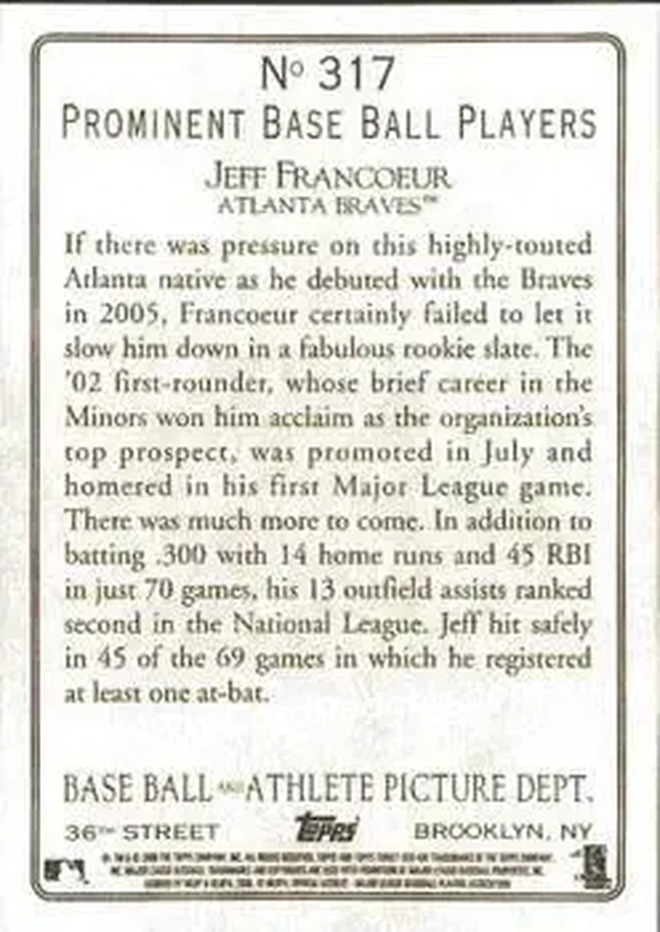2006 Topps Turkey Red #317 - Jeff Francoeur - Atlanta Braves - Back