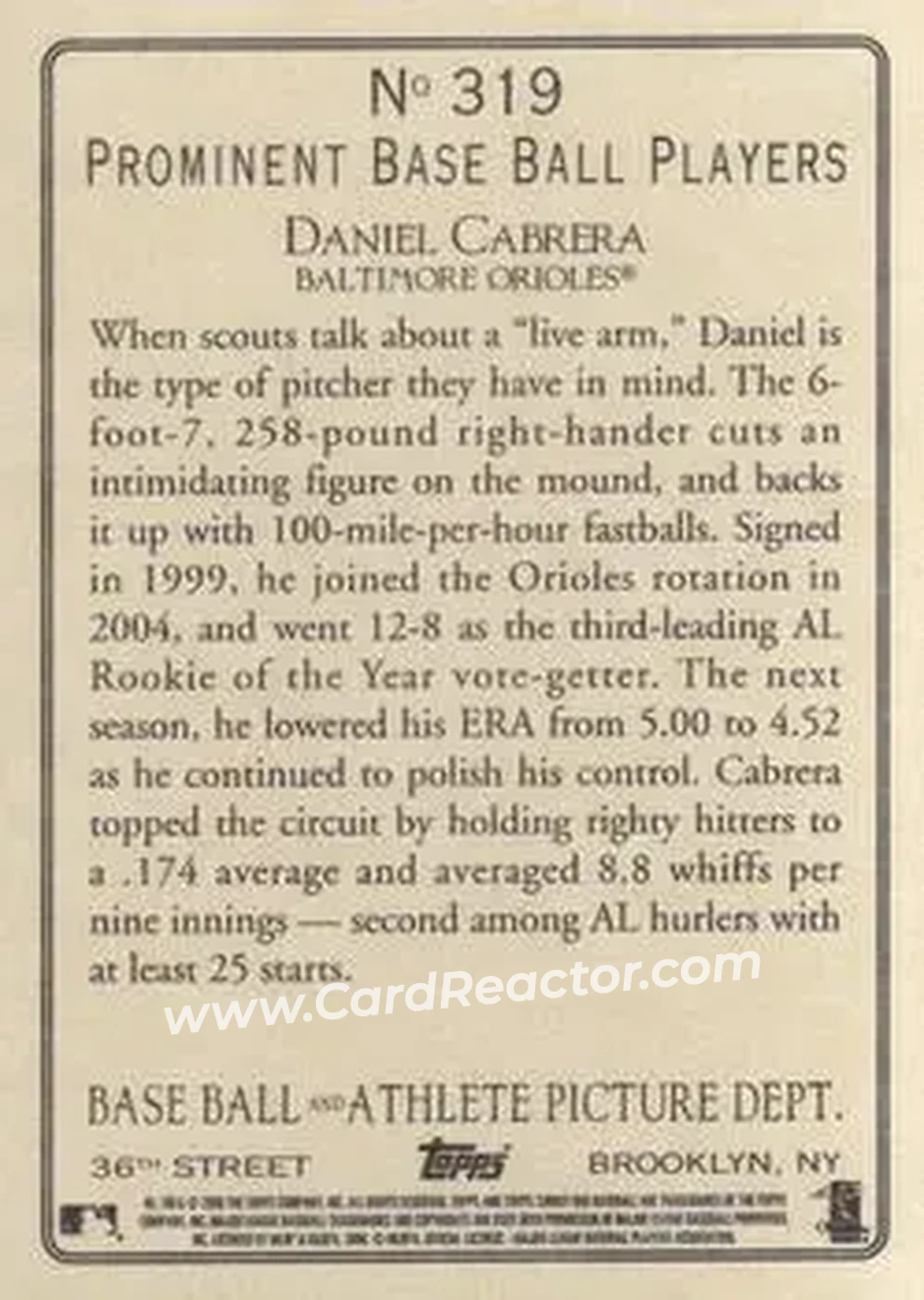 2006 Topps Turkey Red #319 - Daniel Cabrera - Baltimore Orioles - Back
