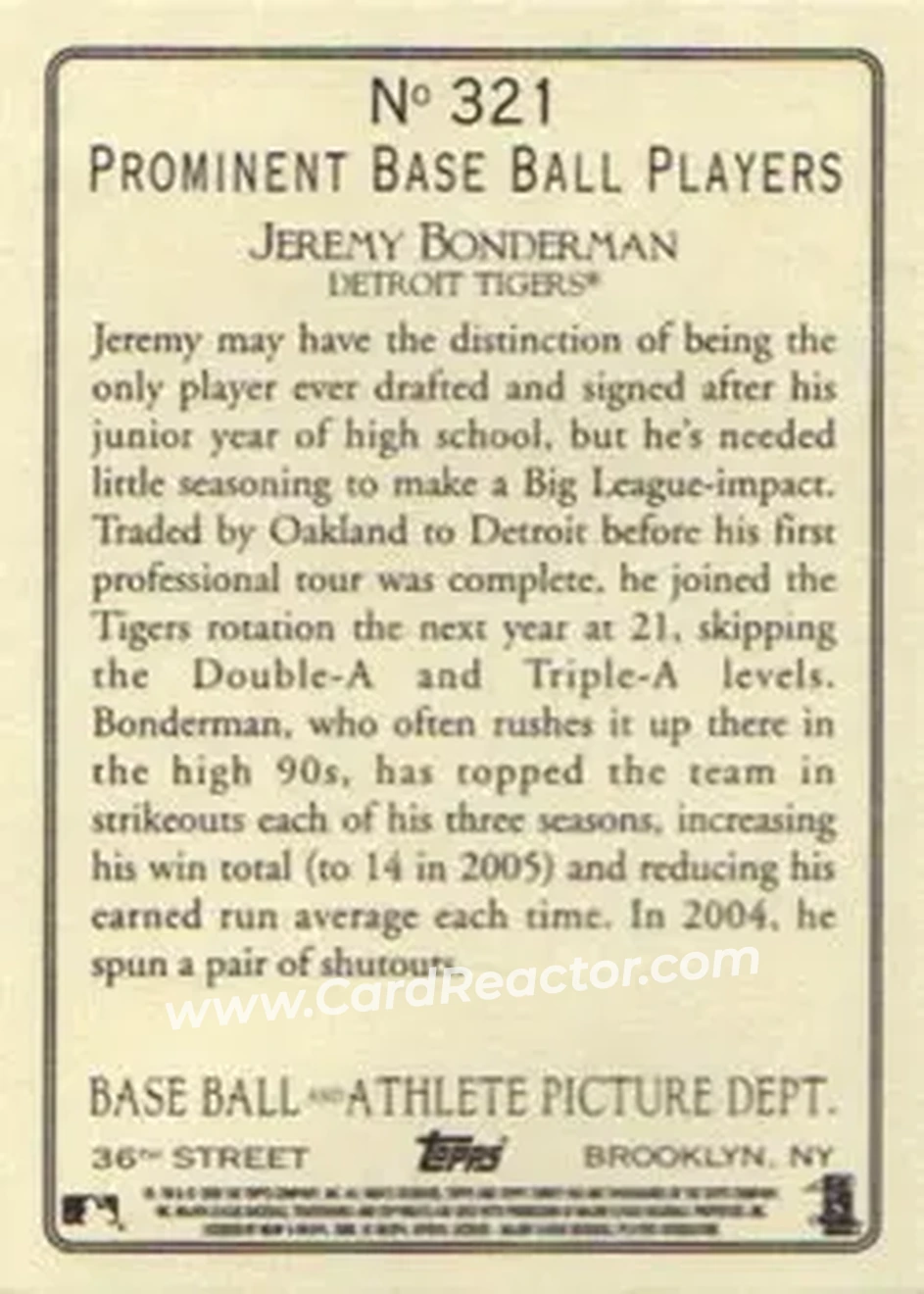 2006 Topps Turkey Red #321 - Jeremy Bonderman - Detroit Tigers - Back 2006 Topps Turkey Red #321 - Jeremy Bonderman - Detroit Tigers - Back