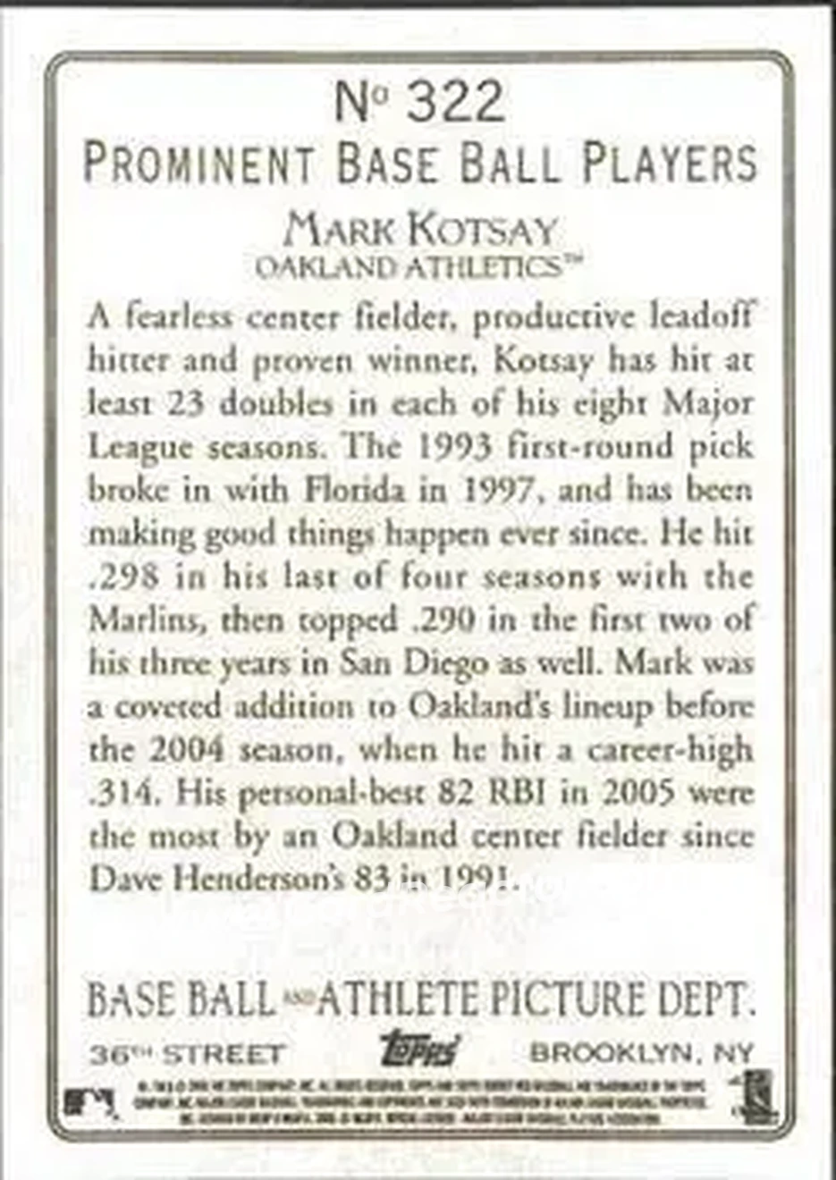 2006 Topps Turkey Red #322 - Mark Kotsay - Oakland Athletics - Back 2006 Topps Turkey Red #322 - Mark Kotsay - Oakland Athletics - Back
