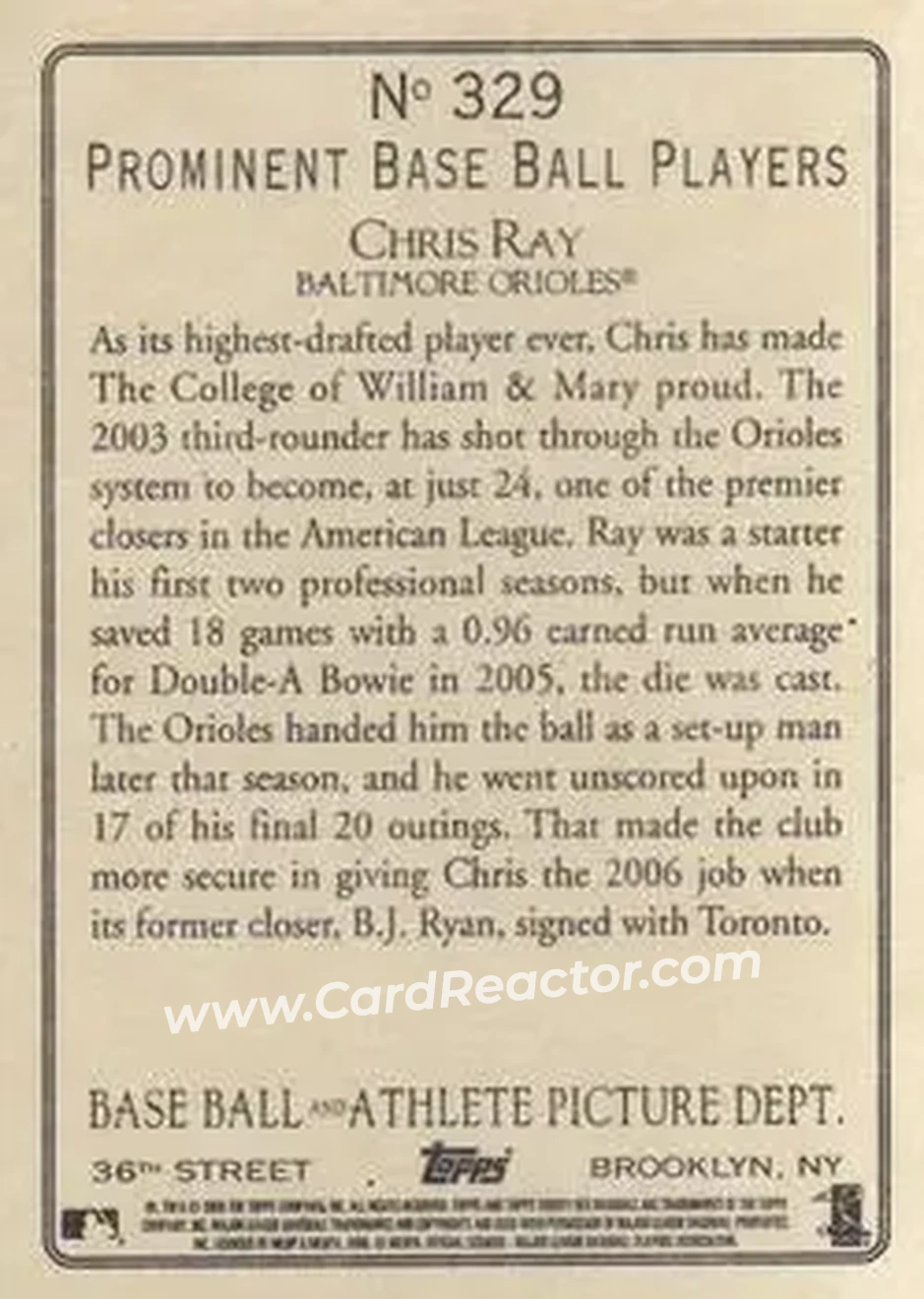 2006 Topps Turkey Red #329 - Chris Ray - Baltimore Orioles - Back 2006 Topps Turkey Red #329 - Chris Ray - Baltimore Orioles - Back
