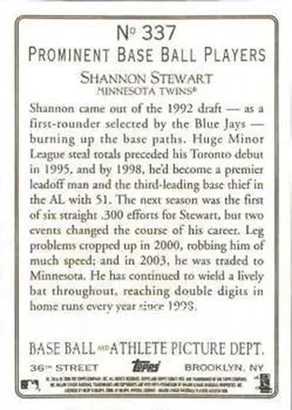 2006 Topps Turkey Red #337 - Shannon Stewart - Minnesota Twins - Back 2006 Topps Turkey Red #337 - Shannon Stewart - Minnesota Twins - Back