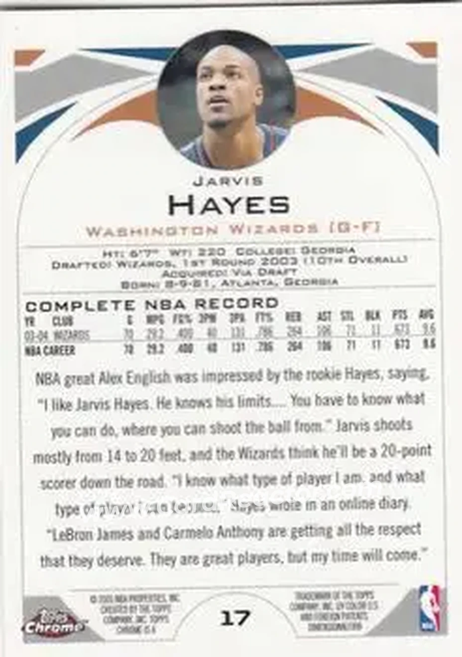 2004-05 Topps Chrome #17 - Jarvis Hayes - Washington Wizards - Back