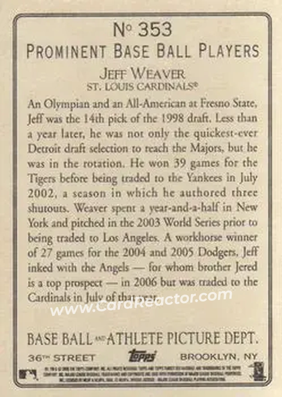 2006 Topps Turkey Red #353 - Jeff Weaver - St. Louis Cardinals - Back