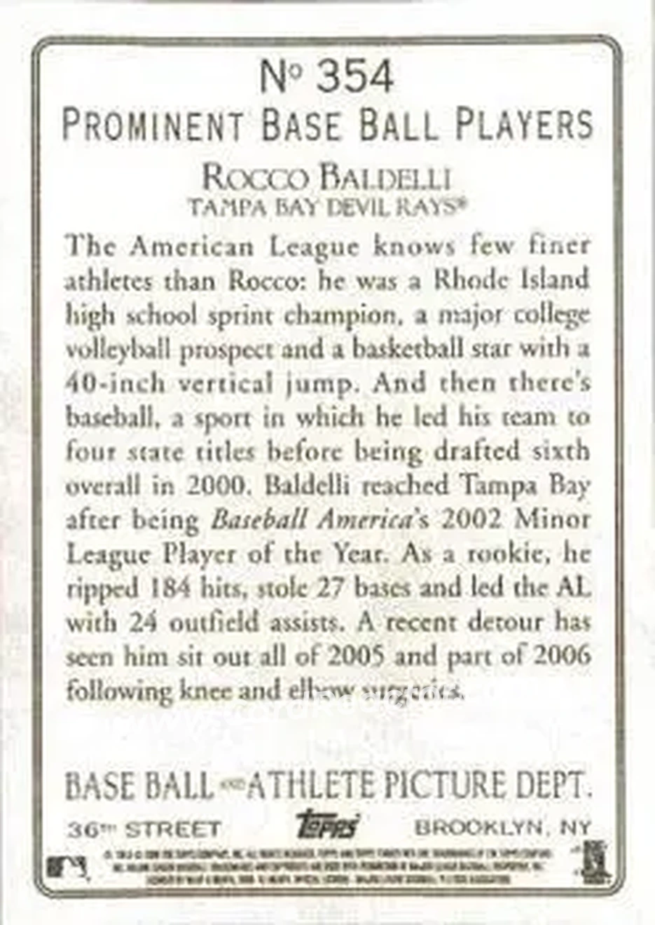 2006 Topps Turkey Red #354 - Rocco Baldelli - Tampa Bay Devil Rays - Back