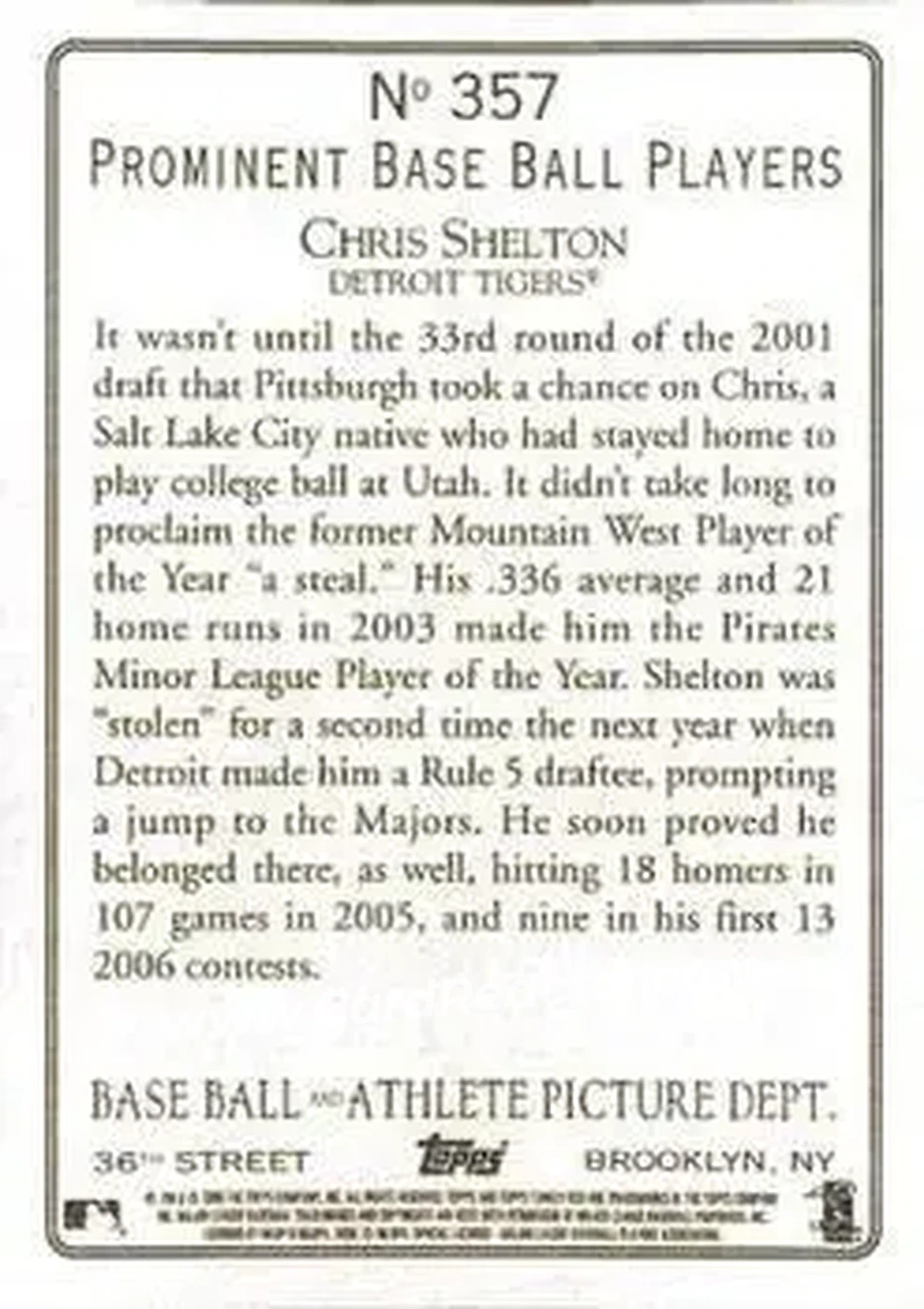 2006 Topps Turkey Red #357 - Chris Shelton - Detroit Tigers - Back 2006 Topps Turkey Red #357 - Chris Shelton - Detroit Tigers - Back
