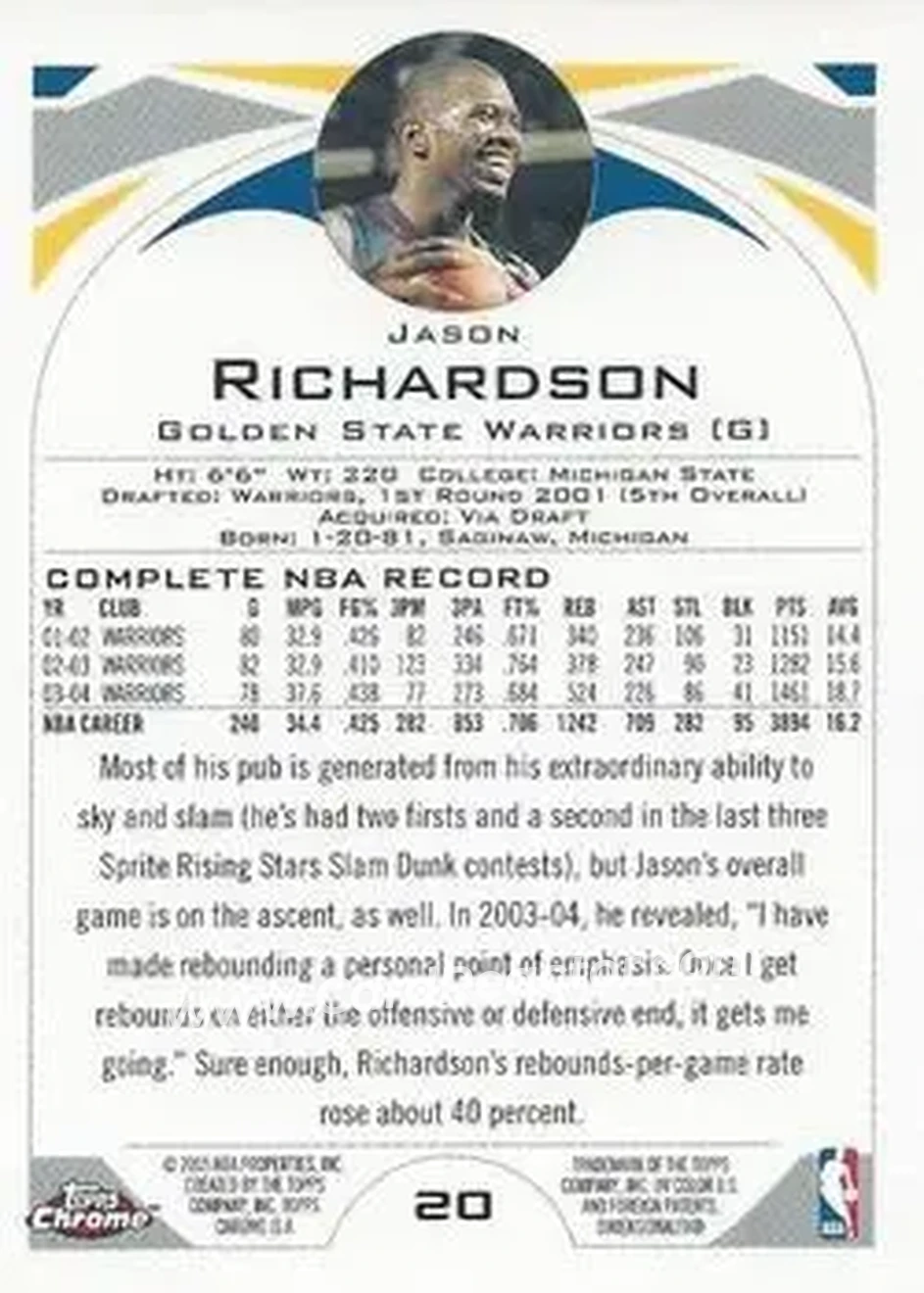 2004-05 Topps Chrome #20 - Jason Richardson - Golden State Warriors - Back