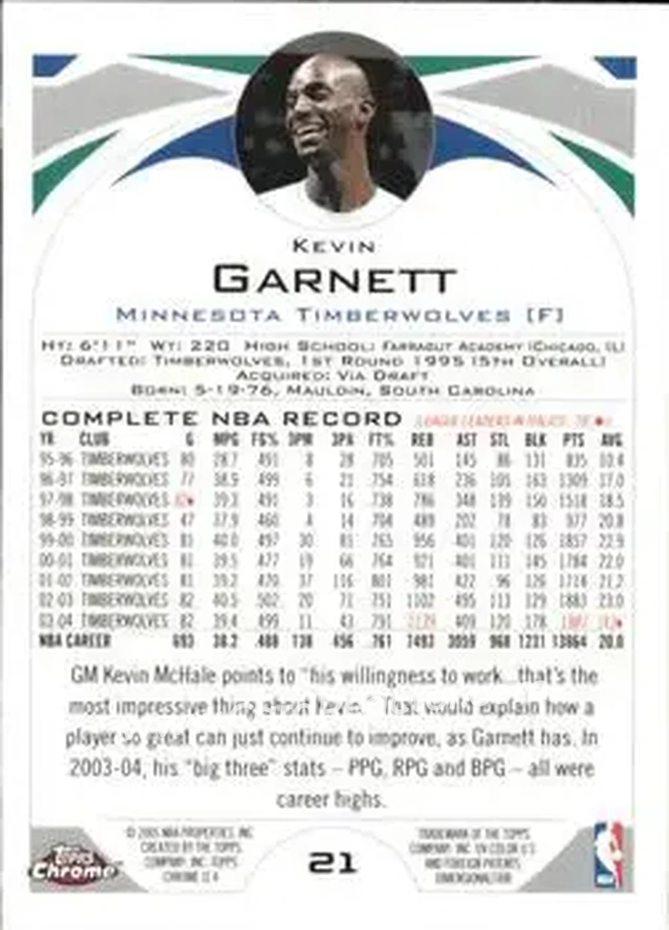2004-05 Topps Chrome #21 - Kevin Garnett - Minnesota Timberwolves - Back