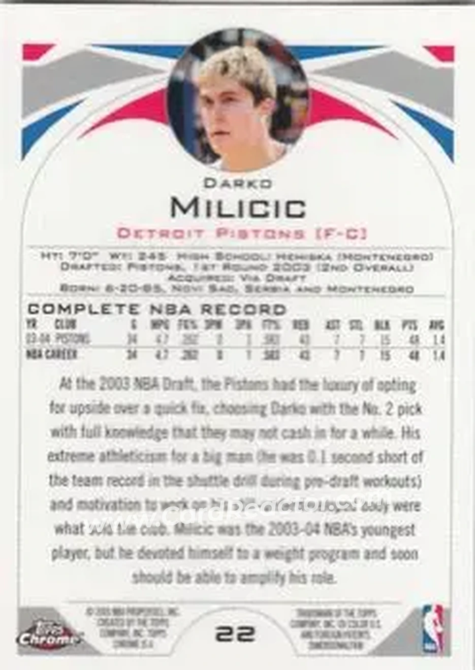 2004-05 Topps Chrome #22 - Darko Miličić - Detroit Pistons - Back