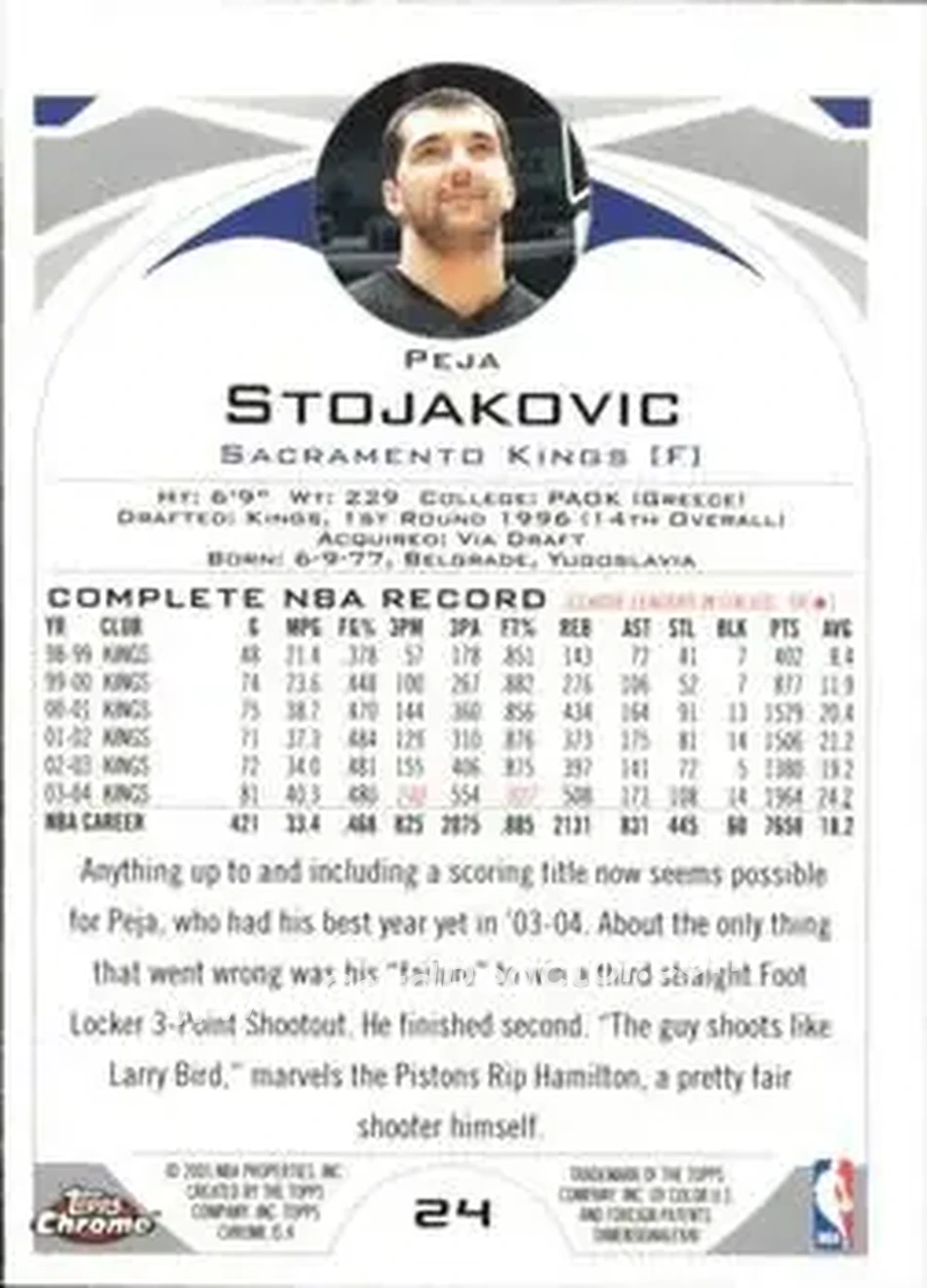 2004-05 Topps Chrome #24 - Peja Stojaković - Sacramento Kings - Back