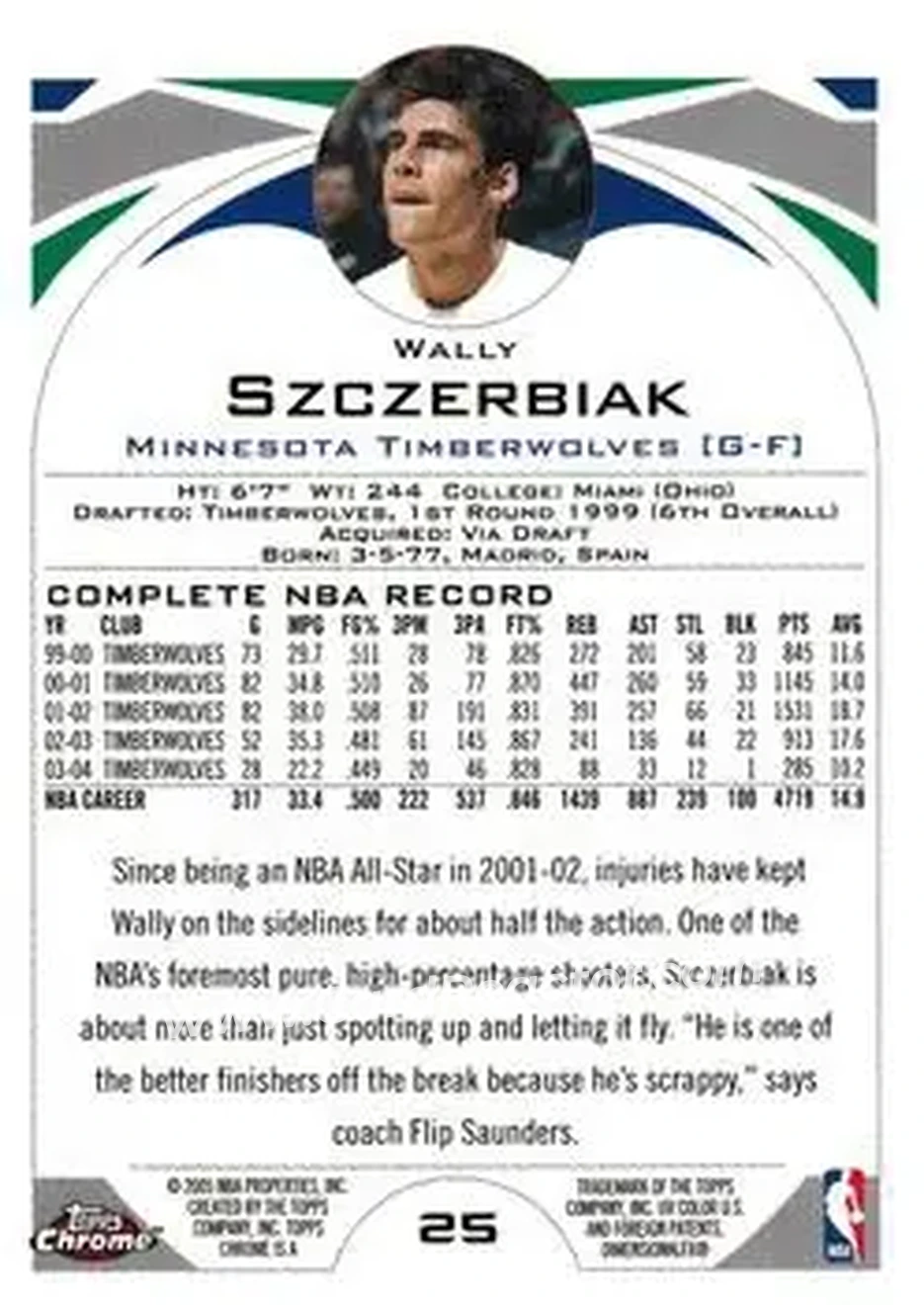 2004-05 Topps Chrome #25 - Wally Szczerbiak - Minnesota Timberwolves - Back