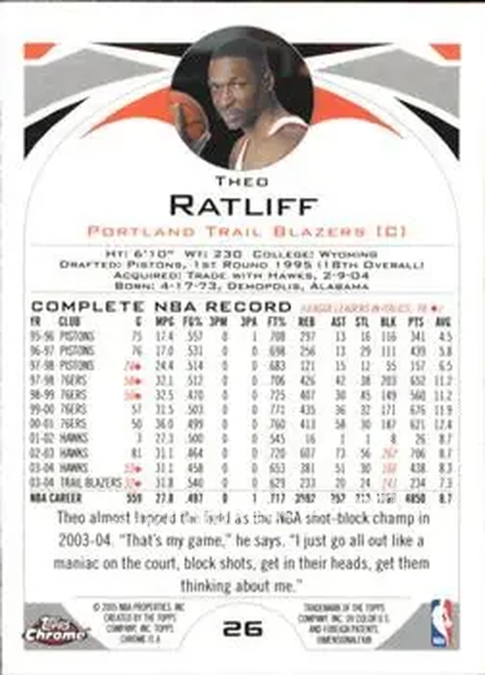 2004-05 Topps Chrome #26 - Theo Ratliff - Portland Trail Blazers - Back