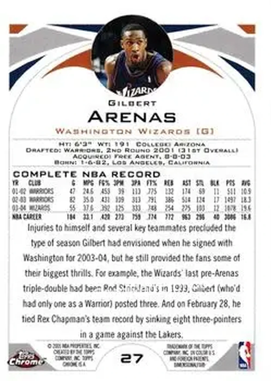 2004-05 Topps Chrome #27 - Gilbert Arenas - Washington Wizards - Back 2004-05 Topps Chrome #27 - Gilbert Arenas - Washington Wizards - Back