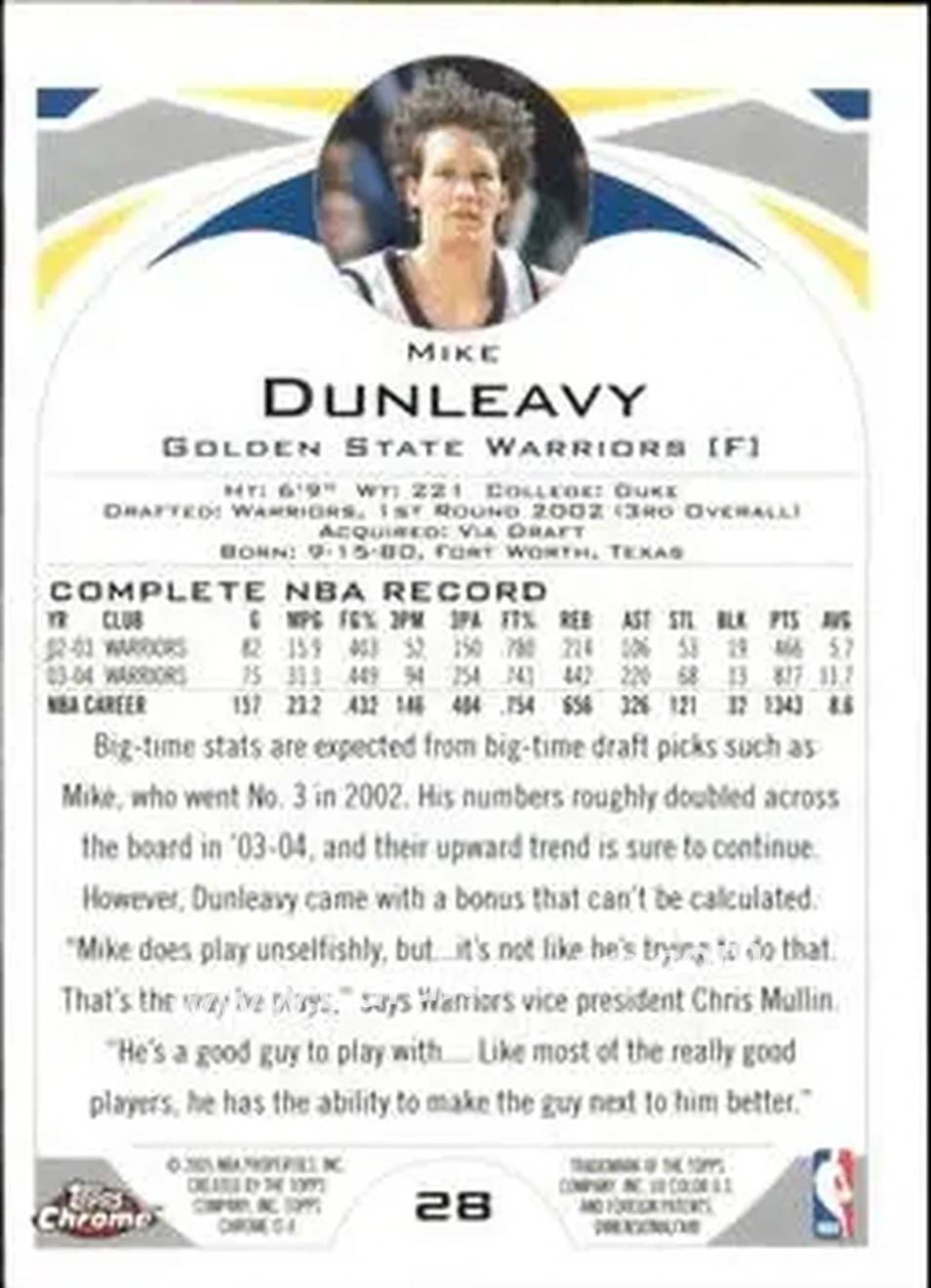 2004-05 Topps Chrome #28 - Mike Dunleavy - Golden State Warriors - Back
