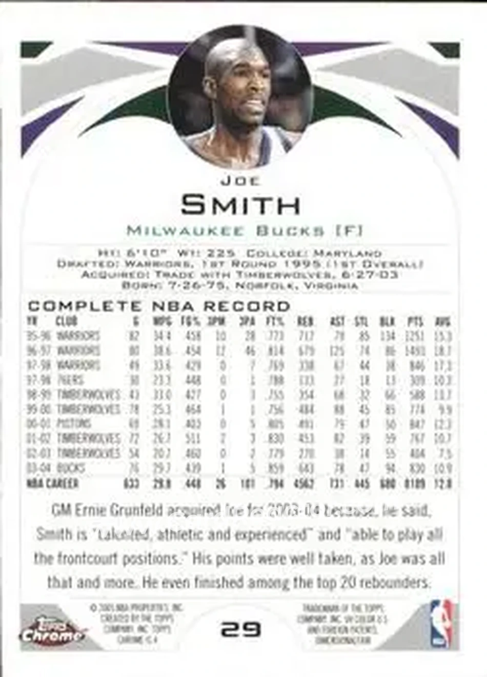 2004-05 Topps Chrome #29 - Joe Smith - Milwaukee Bucks - Back 2004-05 Topps Chrome #29 - Joe Smith - Milwaukee Bucks - Back